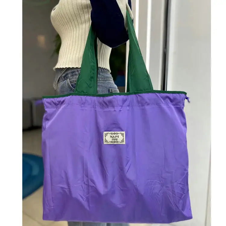 Portable nylon color block shopping bag foldable handbag