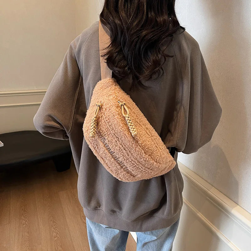 Fleece Sherpa Crossbody Bag for Women Mini Everywhere Belt Bags Fashionable Fanny Pack Large Capacity Waist Pouch Solid Bum Bags